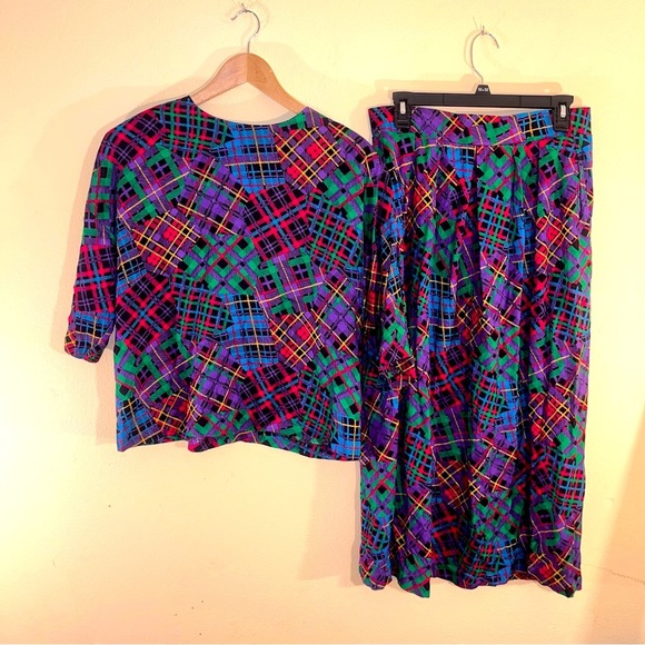 Vintage ‘90s Lee Winter Rainbow Plaid Patchwork Top + Knee Length Skirt Set L - Picture 1 of 13